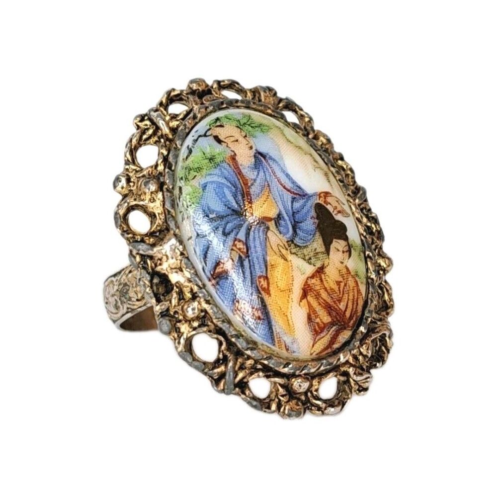 Vintage Oriental Ring Asian Culture Jewelry Ceramic Adjustable Brushed Gold Tone - Picture 1 of 7